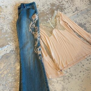 Embroidered Embellished Jean and Butterfly Lace Top